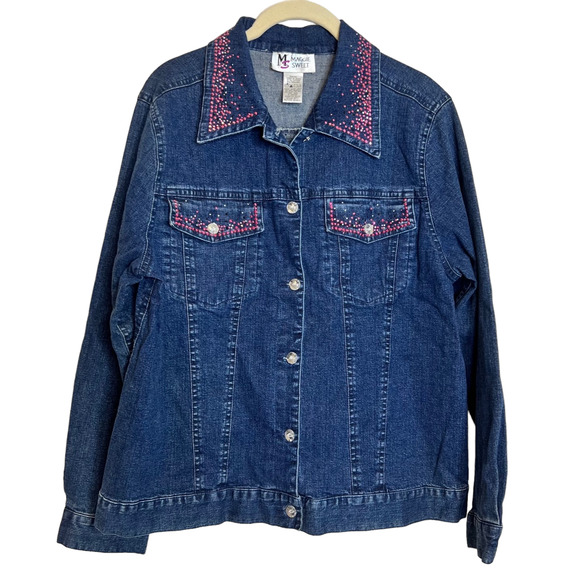 Vintage Maggie Sweet Denim Jacket Petite Small Dark Wash Blue Pink Rhinestones - Picture 1 of 4
